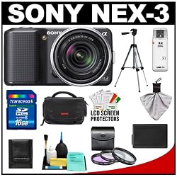 Sony Alpha NEX-3 Digital Camera Body and E 18-55mm OSS Compact Interchangeable Lens (Black) with 16GB Card + Battery + Case + Tripod + Accessory Kit
