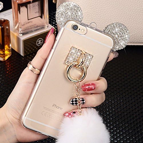 For iPhone 6s Plus Bling Case, WSHKase Cute Mickey Mouse Ears/Bear Ears/Rhinestone Ears Glitter Flexible Rubber Cover Case with Fur Hairball for iPhone 6 Plus (5.5)(Clear)
