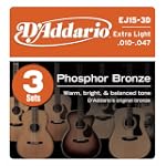 D'Addario EJ15-3D Phosphor Bronze Acoustic Guitar Strings, Extra Light, 3 Sets