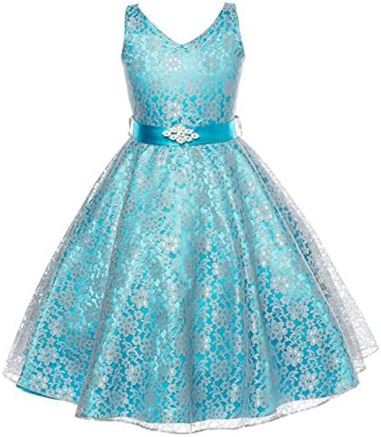 Xsen DressesForLess Lovely Lace V-Neck Flower Girl Dresses, Turquoise, size 14