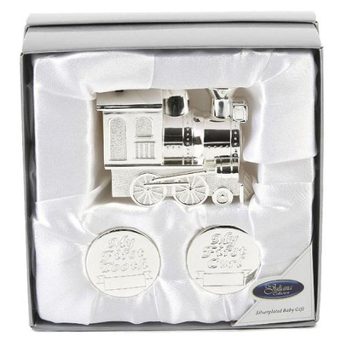 Silver Plated New Baby or Christening Gift Set, Train Money Box and Tooth/Curl Pots for Baby Boy