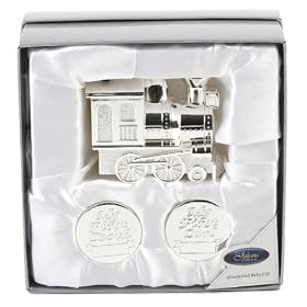 Silver Plated New Baby or Christening Gift Set, Train Money Box and Tooth/Curl Pots for Baby Boy