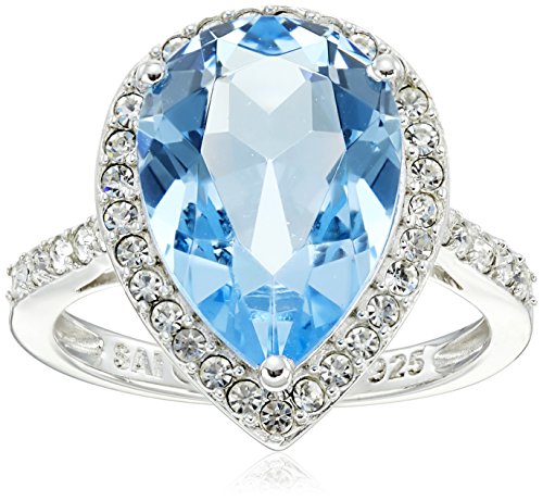 Sterling Silver Swarovski Elements Aquamarine Color Crystal and Clear Crystal Pear Shape Ring, Size 7