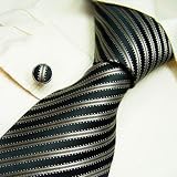 NEW Y&G Designer Hand Made Dark Black Brown Stripes 100% Jacquard Woven Pure Silk Mens Neck Tie and Cuff Links Set 1004