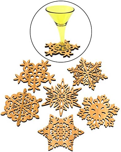 Set of 6 Piece Creative Vintage Wood Snowflake Coasters Carved Hollow Designed Decorations Mini Tabletop Trivets Cup Mat Laser Cut-outs Winter Collection Multi Purpose Novelty Ornaments Art and Craft