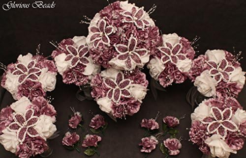 Wisteria Purple BEADED Flower Lily Wedding / Quincenarea Bouquet 16 PC Set with FREE Boutonnieres