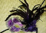 Venetian Styled Purple Mask w/ Silver Pattern Fans Decor and Feather on Top Side