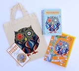 Owl gift set with wiro notebook, pocket mirror and greeting card all with a cute mini tote owl gift bag