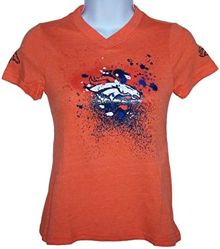 Denver Broncos Girls Size Large (14) Team Logo NFL Authentic V-Neck Paint Splatter Orange &amp; Navy Blue Shirt