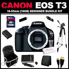 Canon EOS Rebel T3 12.2 MP CMOS Digital SLR Camera and DIGIC 4 Imaging (Body Only)(16GB Beginner Bundle Kit) includes Charger, Battery, 16GB SD Card, USB Card Reader, HDMI Cable, Carrying Case, 57 Tripod and Cleaning Kit