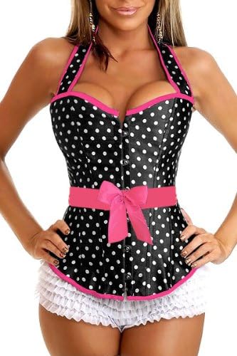 Sexy Lace Up Back Black &amp; White Polkadot Satin Corset With Pink Lace Size 6-8 + G-string Bustier SSC7448 M
