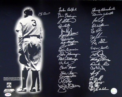 New York Yankees Greats Multi Signed Autographed 16x20 Ruth Photo (36 Signatures) Yogi Berra, Justice & Gooden PSA/DNA