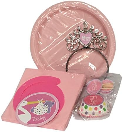Girl Baby Shower Party Kit (16 Guests - More Than 50 Pieces), White/Pink, Plates, Napkins, Cupcake Decorations, Ceiling Dangling Decorations, Mom-To-Be Headband