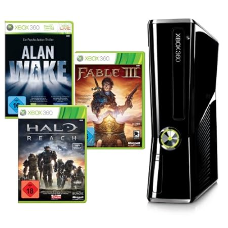 Xbox 360 - Konsole Slim 250 GB + Alan Wake, Halo Reach und Fable III (DLCs), schwarz-glänzend