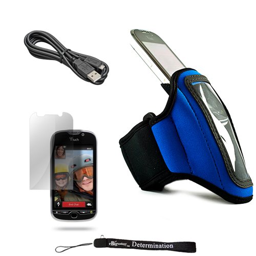Blue Neoprene Adjustable Velcro Sportband / Workout Armband for T Mobile HTC My Touch 4G + Includes a USB Cable to Charge and Sync mobile phone + a Anti Glare Screen Protector.