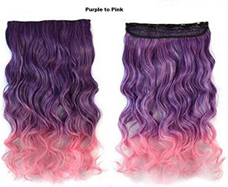 Top Cope New Two Tone One Piece Long Curl/curly/wavy Synthetic Thick Hair Extension Clip-on Hairpieces (Purple to Pink)