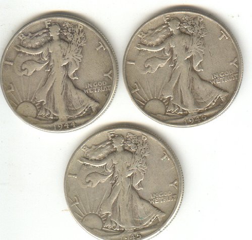 WALKING LIBERTY SILVER HALF DOLLARS- 3 DIFFERENT DATES- 1944, 1945,1946-image