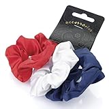 Set of 3 satin hair scrunchies. Comes with navy blue, red and white. Useful hair accessory.