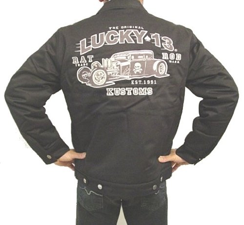 Click here to buy Lucky 13 Rat Rod Black Lined Chino Jacket - Hot Rod Jacket, Street Rod Car Club Skull... by Lucky 13.
