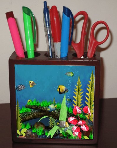 Rikki Knight® Tropical Fish in Tank Design 5 Inch Tile Maple Finished Wooden Tile Pen Holder - Pencil Stationery Holder - Desktop Accessory - Unisex - Ideal Gift for all occassions!