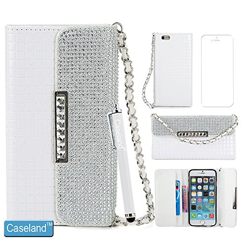 iPhone 6 Plus Case,iPhone 6s Plus Wallet Case,CASELAND Fashion PU Leather Flip Wallet Case with Lanyard Magnetic Button Bling Handbag Case for iPhone 6/6s Plus (5.5 Inch) White