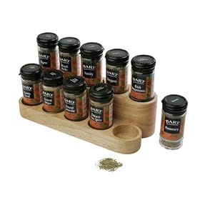 T&G Spice Block with 10 Bart Spice Jars in Natural Hevea, 280x120x75mm (colour boxed)