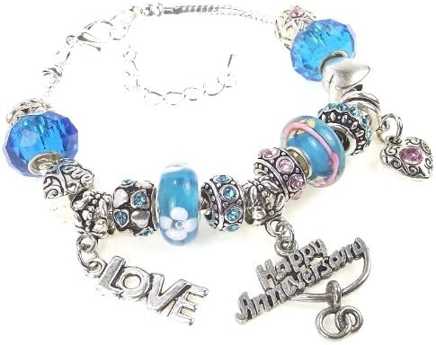 Happy Anniversary Charm Bracelet Love Heart Interchangeable Murano Style Lampwork Glass Beads in Pink, Blue, Black, Bracelet size in 7.5 +2" Extender - Blue