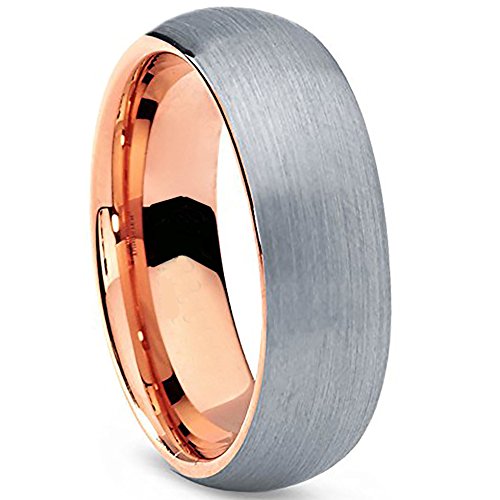 [EnvyJ] 7mm 18K Rose Gold Plated Tungsten Rings Carbide Domed Brushed Men's Women Wedding Band Ring Comfort Fit Finish Fit Size 5-16 w/ velvet ring box