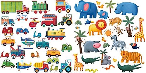 Nursery Decor Transportation and Jungle Adventure Elements Peel & Stick Wall Decals Set, Pack of 55