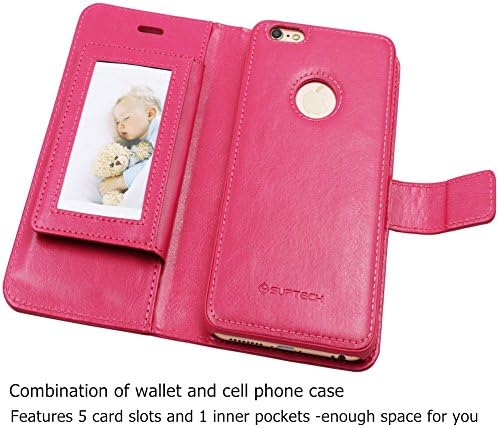 [Detachable Folio] SUPTECH iPhone 6s Plus Case, iPhone 6 Plus Case[Stand Feature] Versatile iPhone 6s Plus Wallet Case with 5 Card Slots (Rose Red)