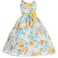 Girls Chiffon Tea Length Sleeveless Tropical Print  Dress With a Sash 