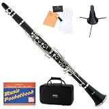 Mendini MCT-E+SD+PB Black Ebonite B Flat Clarinet with Case, Stand, Pocketbook, Mouthpiece, 10 Reeds and More