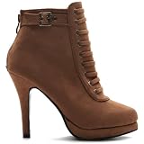 Ollio Womens Faux-Suede Military Lace Ups High Heels Buckle Ankle Boots Shoes