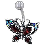 Red Crystal Filigree Butterfly Dangle Belly Ring