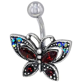 Pugster Red Crystal Filigree Butterfly Dangle Belly Ring by Crystal Steel Belly Rings