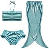iEFiEL Girls 3pcs Swimmable Princess Mermaid Swimsuit Open Tail Hair Band (9-10, Ruched Top Blue)