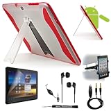 Red Smart Protection Slim and Durable Crystal Design Hard Skin Cover Case with Quality Flip Stand - Kick Stand for Samsung Galaxy Tab 10.1 Inch 32GB 16GB Wi-Fi ( Compatible All Versions of Samsung Tablet 10.1 ) + Includes a eBigValue (TM) Determination Hand Strap + Includes a Screen Protector Guard + Auxilary Cable ( AUX Connectivity ) + Adjustable HeadRest Car Mount Kit + High Quality Noice Reducer MP3 Handsfree Earbuds Earphones with Mic