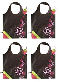 Reusable Shopping Tote, Foldable Strawberry, 4 Bag Set (Brown)