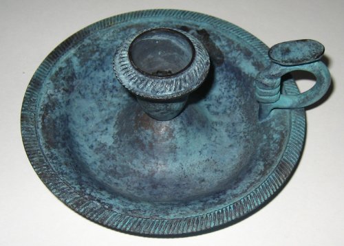 Replica Colonial Candlestick Holder w/ Loop Finger Grip & Wax Drip Pan -Rustic Turquoise-