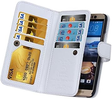 HTC One M10 Multi-Function Phone Wallet Case , TaoFilm Pro Premium PU Leather Wallet Bag Case [2 in 1 Magnetic Detachable Back Cover Flip] [ 9 Card Slots] [Wrist Strap] For HTC One M10 (White)