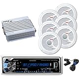New Kenwood Outdoor Waterproof KMRM312BT ATV Bike Boat Digital USB AUX Radio Stereo w/Bluetooth, 6x 6.5 Inch White Marine Pyle Speakers, 400W Pyle Amp