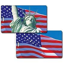 Lenticular Standard Luggage Tag with Clear Plastic Loop, Flips from an image of the American flag to the Statue of Liberty in front of the flag, LT01-206