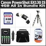 4GB All In Bundle Includes For Canon PowerShot SX130 IS SX130IS Digital Camera 4GB High Speed SD Memory card + Flexible Gripster + USB 2.0 High Speed Card Reader + 4AA High Capacity Rechargeable NIMH Batteries And A/c D/c Rapid Charger + Deluxe Carrying
