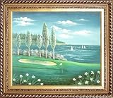 Beachside Golf Course Oil Painting, with Exquisite Dark Gold Wood Frame 26.5 x 30.5 inches