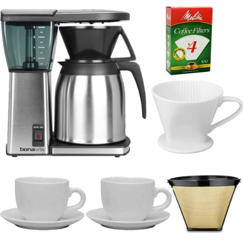 Bonavita BV1800TH 8 Cup Coffee Maker With Thermal Carafe + Porcelain Coffee Filter Cone Size 4 + Two 13 Oz White Tiara Cappuccino Cups + Paper Coffee Filter + #4 Cone Permanent Coffee Filter Bonavita BV1800TH 8 Cup Coffee Maker With Thermal Carafe + Porcelain Coffee Filter Cone Size 4 + Two 13 Oz White Tiara Cappuccino Cups + Paper Coffee Filter + #4 Cone Permanent Coffee Filter