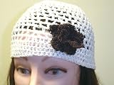 Cp156wbr, Hand Crocheted White Color Gimp Skull Cap with Crocheted Dark Brown Gimp Rose for Women, Teens and Petites.