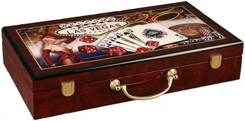 Glossy Wooden Poker Chip Case - Holds 300 Chips, 2 Decks of Playing Cards and Dice