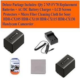 Deluxe Package Includes- Qty 2 Np-fv70 Replacement Batteries + Ac/dc Battery Charger + LCD Screen Protectors + Micro Fiber Cleaning Cloth for Sony Hdr-cx105 Hdr-cx110 Hdr-cx115 Hdr-cx130 Handycam Camcorder