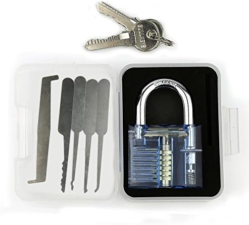 HOWSAN 5 Piece Professional Practice Lock Pick Set + Clear Sapphire Blue Demonstration Padlock