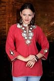 Fire Brick Cotton Kurti / Tunic with leather embroidery work